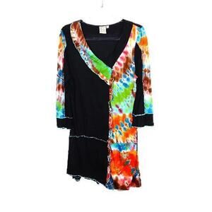 Parsley & Sage Womens Jersey Knit BOHO Tie Dye Tunic Lettuce Edge Top L